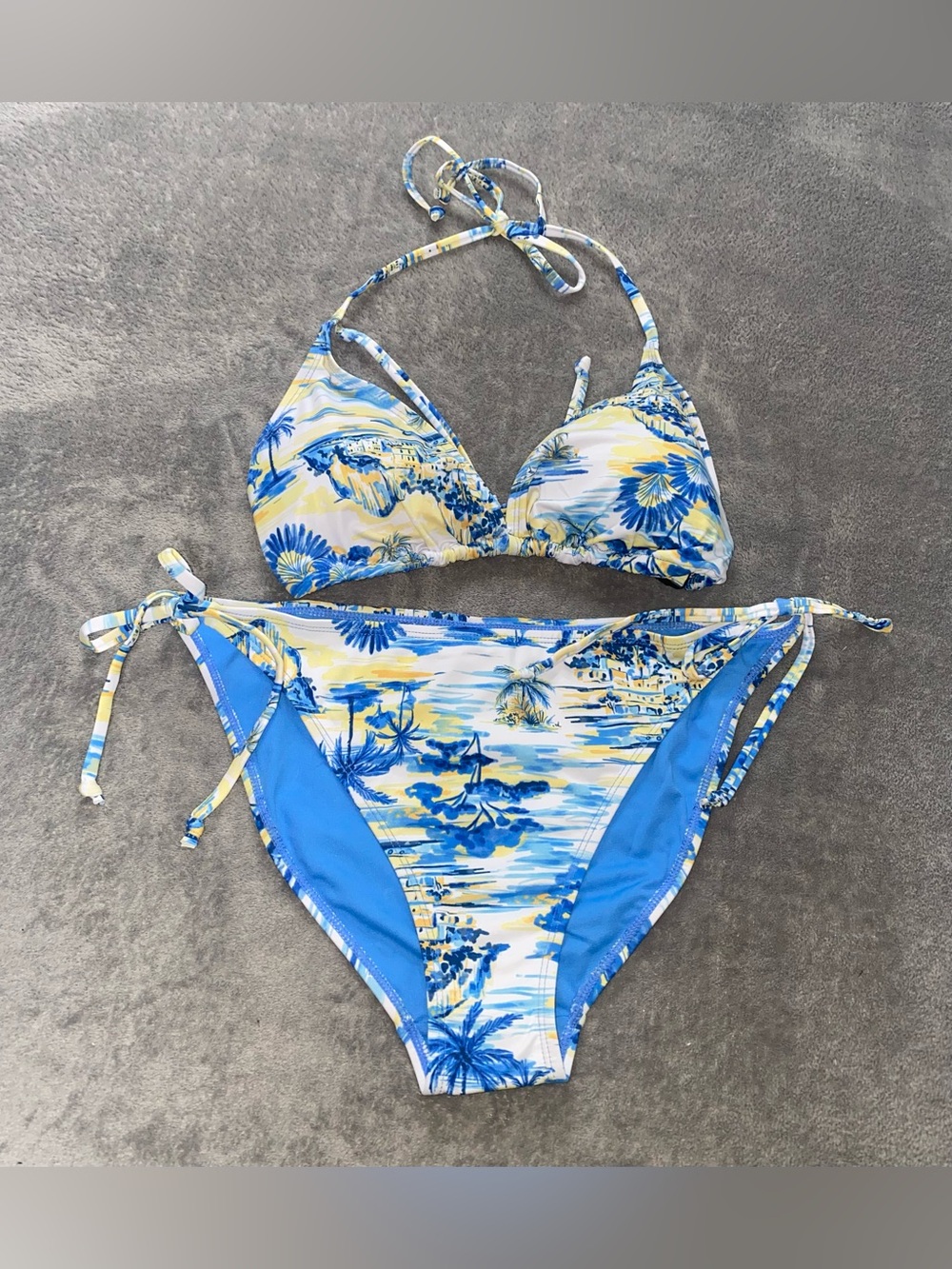NWT L Tropical Blue Yellow Triangle Bikini Set